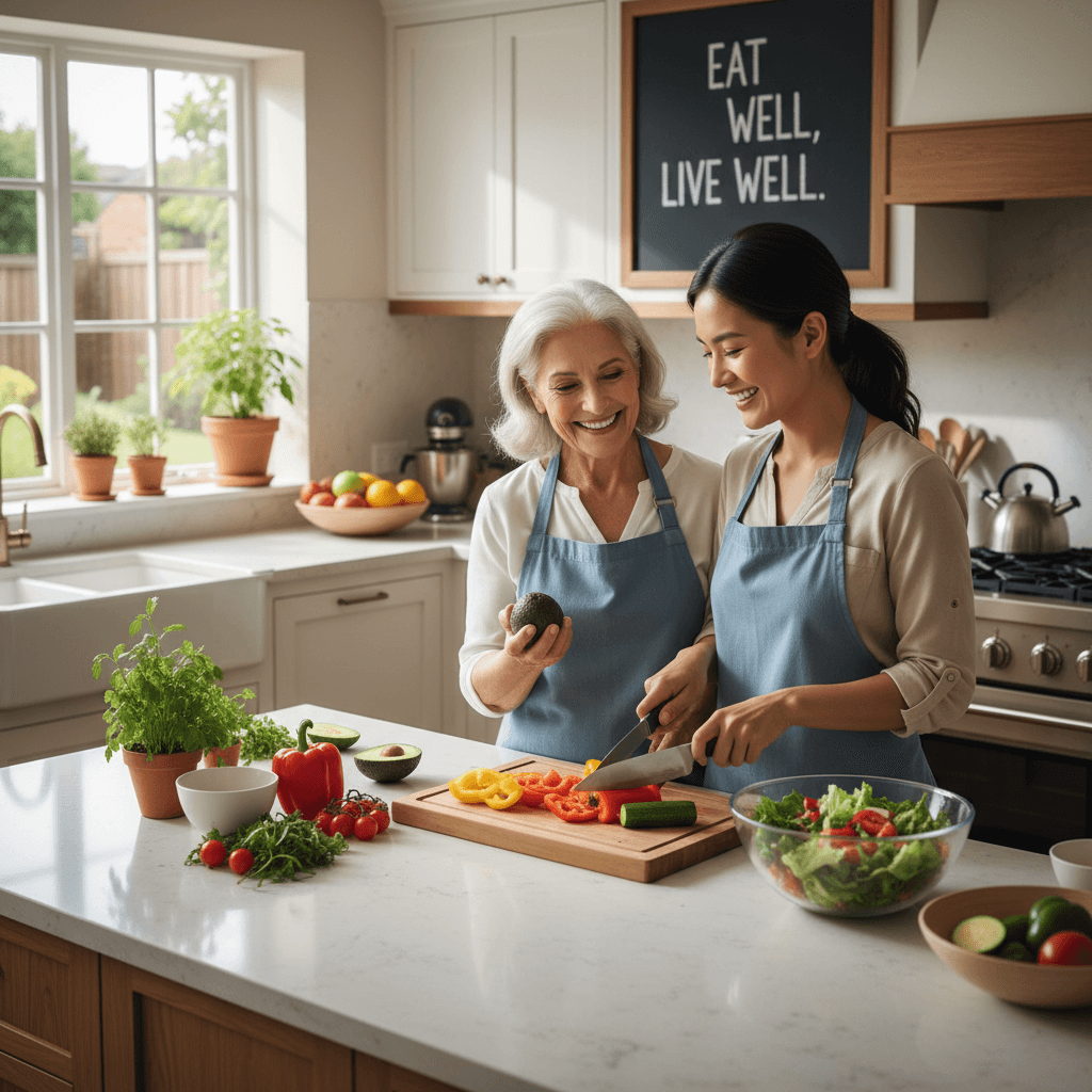 Senior and caregiver preparing nutritious meal