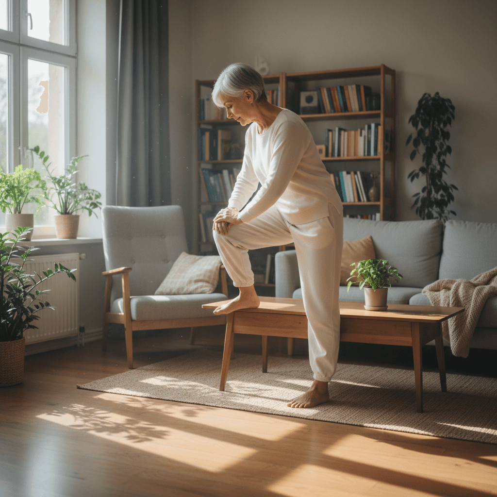 Senior doing mobility exercises at home