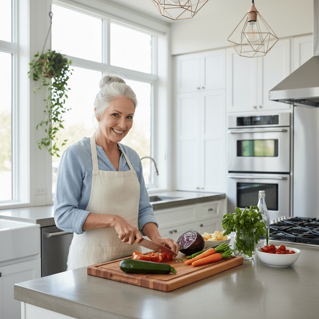 A bright, welcoming lifestyle aesthetic medium shot of a senior woman smiling while sitting in her comfortable home living room