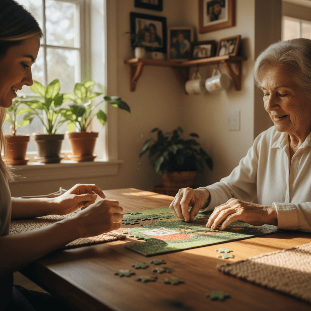 Senior engaging in cognitive activities with caregiver support at home